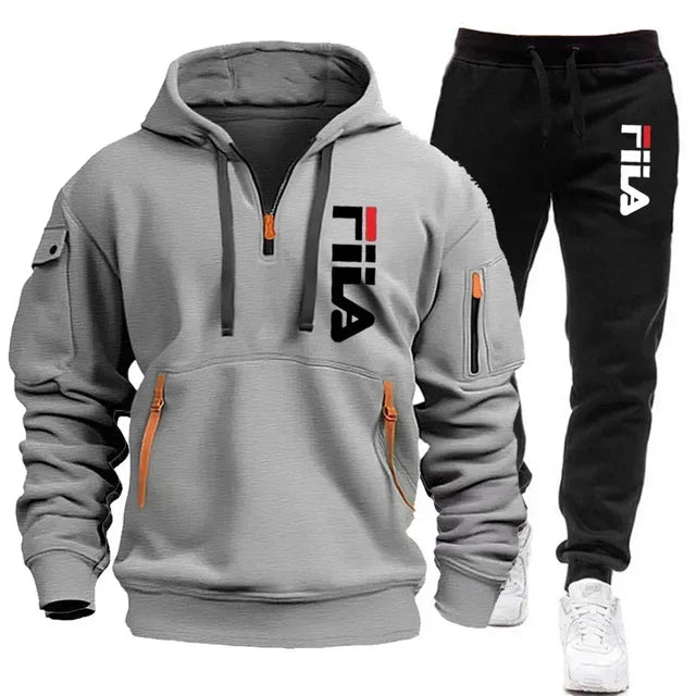 Herbst und Winter heiß begehrtes Herren-Kapuzensweatshirt + Freizeithose, zweiteiliges Outdoor-Set mit mehreren Taschen und Sporthose