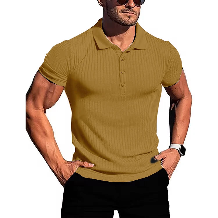 Herren Lauf-Sport-Fitnessbekleidung Sommer hochelastisches, vertikales Kurzarm-Polo-Shirt schlankes Strick-Basis-Shirt
