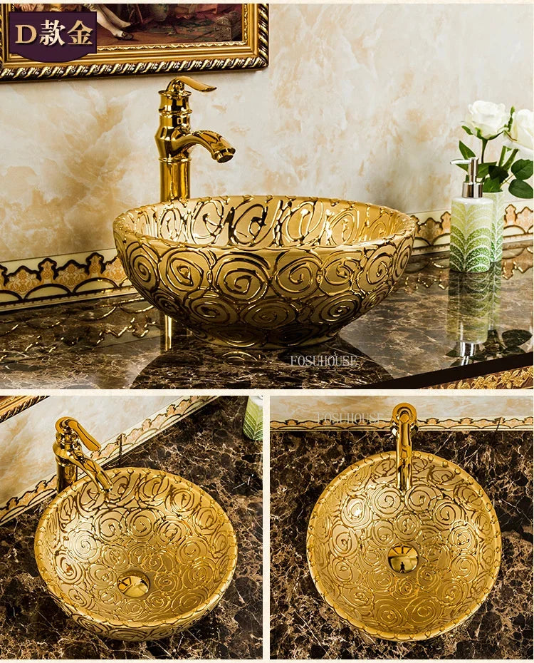 A17 Luxus Gold Badezimmer Waschbecken Haushalt Keramik Waschbecken Kreative Toilette Rund Aufsatzwaschbecken Einfaches Badezimmer Zubehö