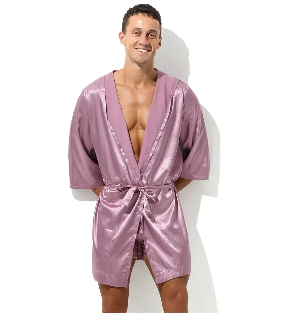 Sexy Nachtwäsche Herren Bademäntel Weich Seidig Kurzarm-Nachthemd Herren Hauskleidung Morgenmantel Herren Schlafanzug (Ohne Shorts)