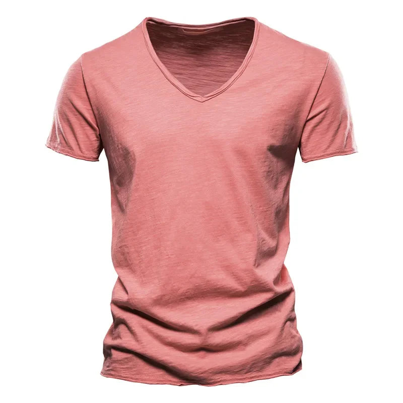 AIOPESON 5 PCS SET 100% COTTON V-neck T-shirts Men Casual Slim Fit Solid Color Summer T Shirt for Men Brand New Quality