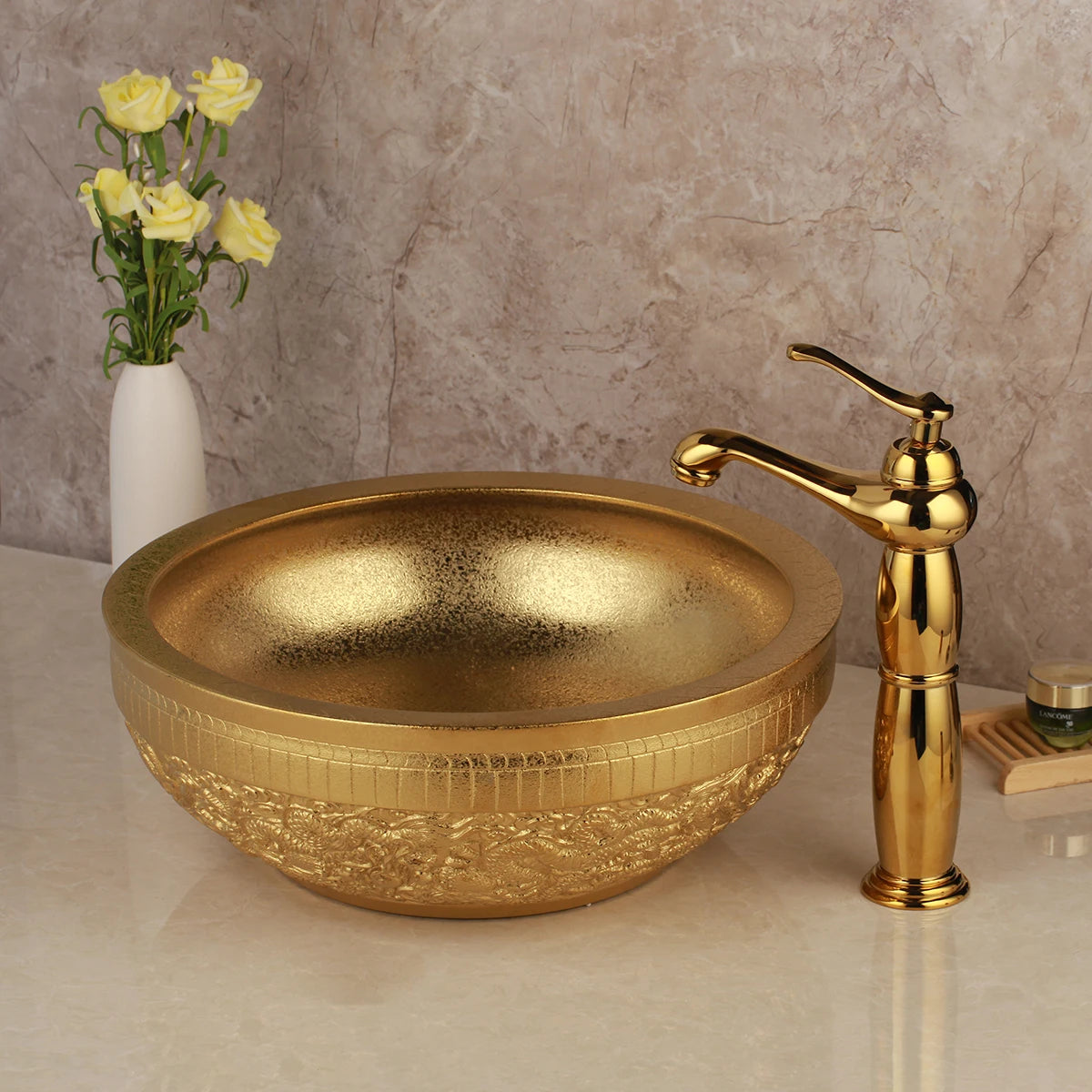 KEMAIDI Keramik-Waschtisch Gold mit Wasserhahn Porzellan-Waschbecken Aufsatzwaschbecken Luxus-Waschbecken für Badezimmer