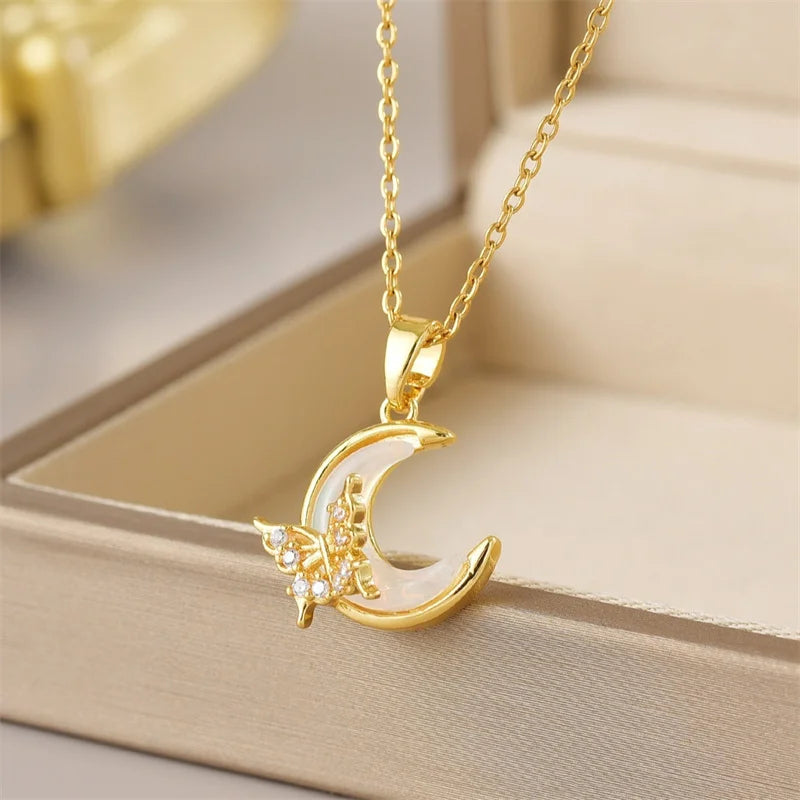 Exquisite Mikro-Inlaid Zirkon Schmetterlings-Quasten-Halskette für Damen Edelstahl Mond Schmetterling Blume Schlüsselbein-Choker-Schmuck