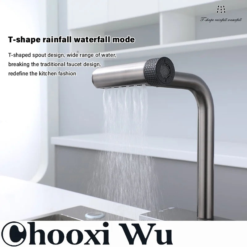 Kitchen pull-out stainless steel faucet, multi-function spout, hot and cold dual control, ceramic valve core