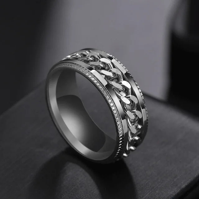 Western Fashion Simple Design Rotatable Chain Ring Silver Black Gold Color Titanium Steel Rings For Men Women