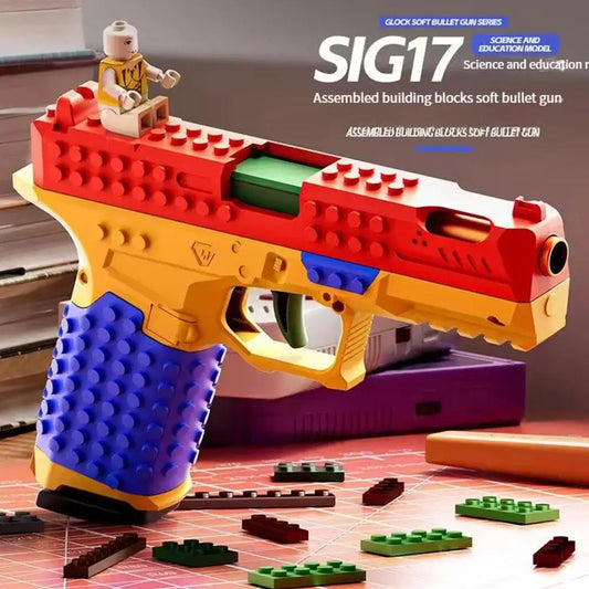 Realistic Building Block Gun Colorful Blocks Continuous Firing Soft Bullets Safe Eco Friendly ABS Plastic Smooth Edges DIY