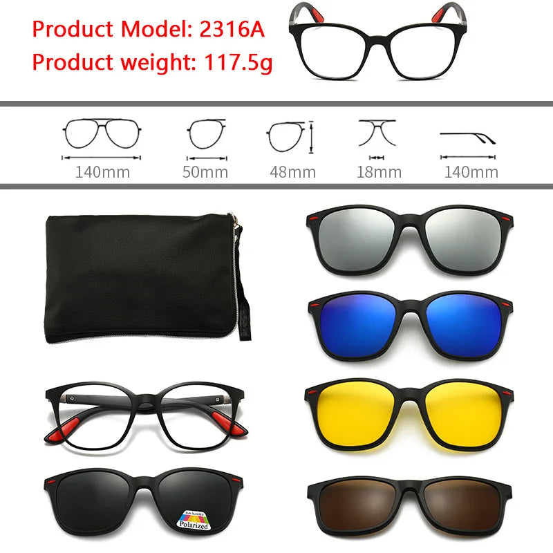 6 In 1 Polarized Sunglasses Men Women Magnetic Clip On Glasses TR90 Optical Prescription Eyeglass Frames Magnet Clips