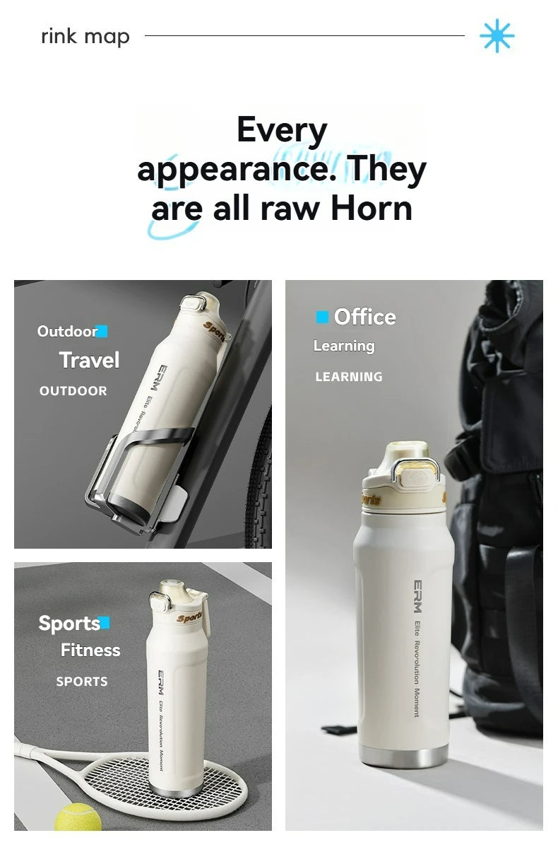 Bouteille d'eau isotherme chaude et froide en acier inoxydable, double paroi portable avec poignée, tasse de sport d'extérieur