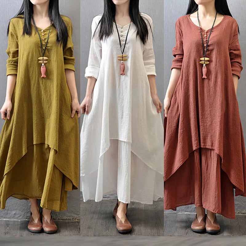 Damen Elegante Leinen-Ingwerkleider Böhmen Layering Vintage Robe Langarm Lockeres langes Kleid Weibliche Herbst Vestidos