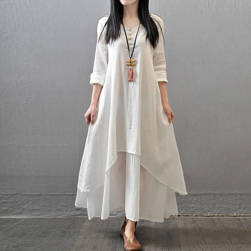 Damen Elegante Leinen-Ingwerkleider Böhmen Layering Vintage Robe Langarm Lockeres langes Kleid Weibliche Herbst Vestidos