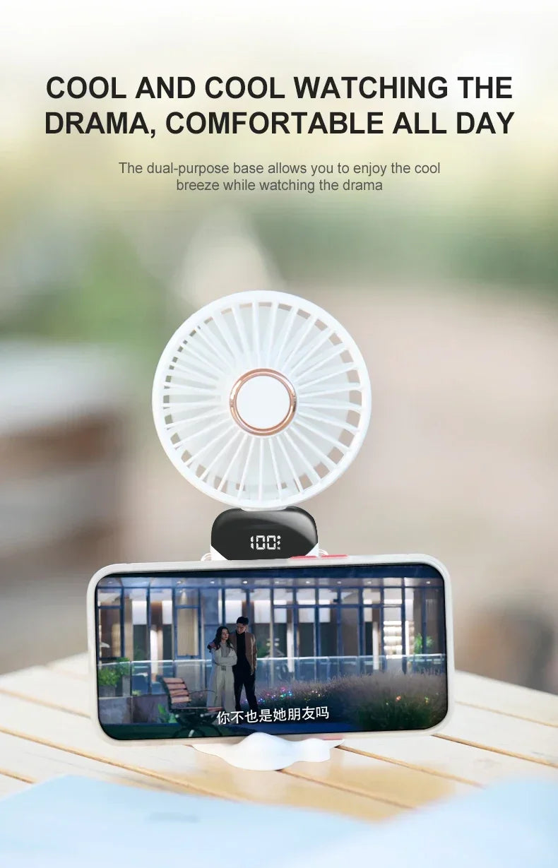Mini ventilateur portable 3000 mAh pliable, à poser sur un bureau, à suspendre autour du cou, 5 vitesses, rechargeable par USB, support de téléphone, écran d'affichage
