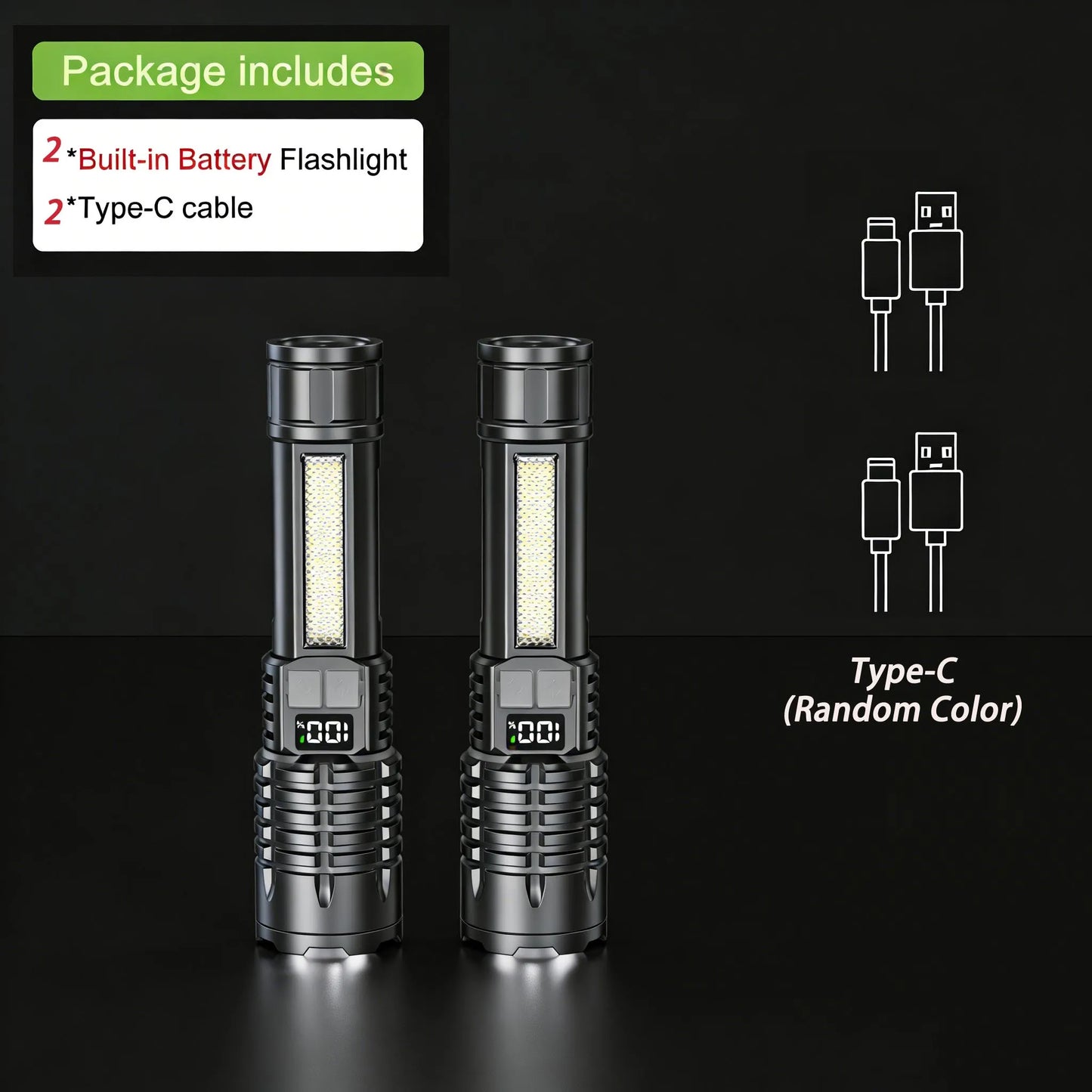 Super Bright COB LED Flashlight TYPE-C Rechargeable Zoomable With Side Light Waterproof Torch Camping Hiking Emergency Outdoor