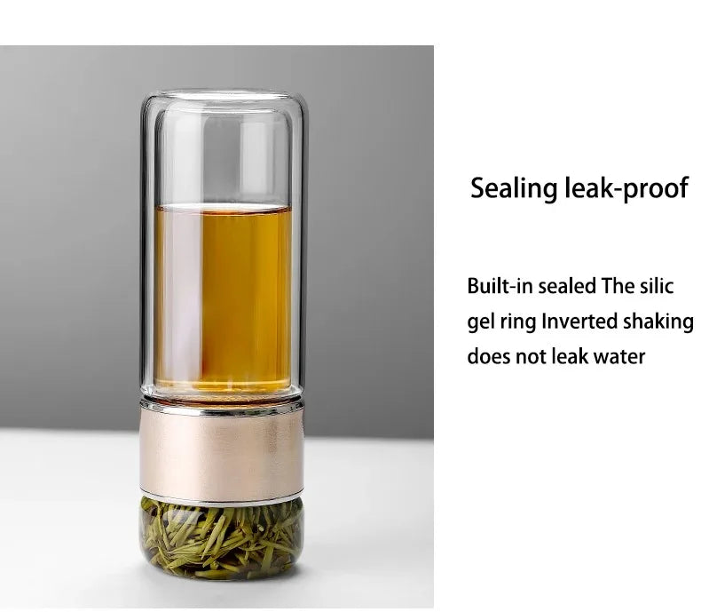 Bouteille d'eau à thé 420 ml en verre borosilicate double paroi avec infuseur pour thé, tasse à thé, gobelet, boisson avec filtre à thé