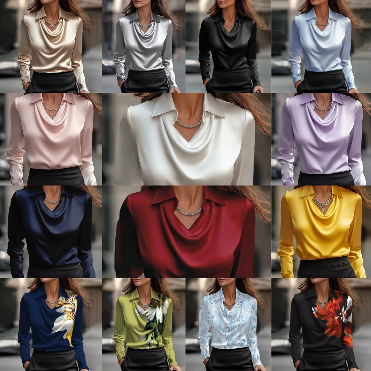 Temperament elegant print simple swing collar shirt collar women's top