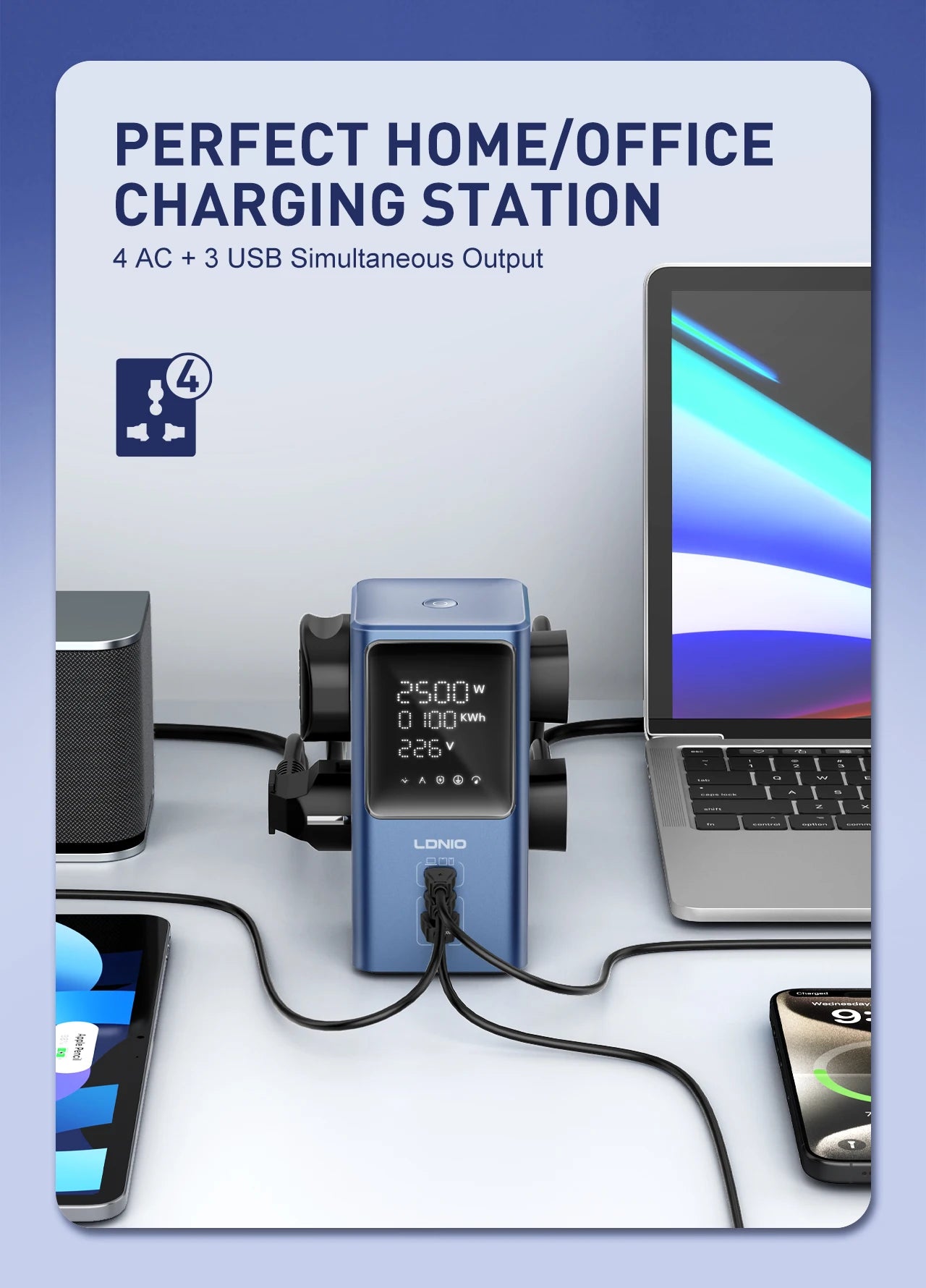LDNIO 45W Vertikale Turm-Steckdosenleiste Mehrfach Universalsteckdosen Verlängerungskabel QC PD USB C Schnellladegerät Bildschirm UK EU US Stecker