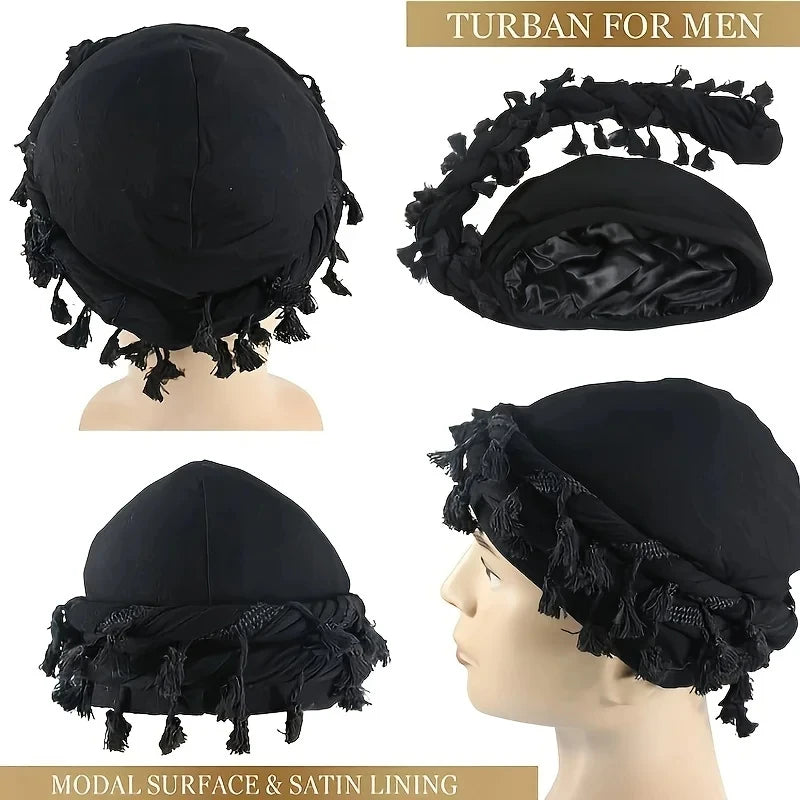Foulards à enrouler style "Twist" (turban) Durag avec pompon pour hommes - Noir, gris - Foulard turban à nouer - Accessoire cheveux pour garçons, collection 2026