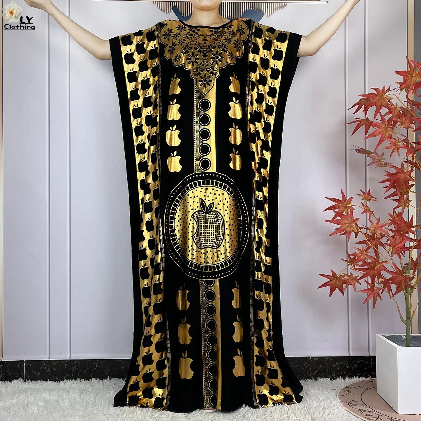 Neues Sommer-Kurzarm-Kleid aus Baumwolle für Damen mit großem Schal Goldprägung Boubou Maxi Islam Damen Afrikanische Abaya Kleidung