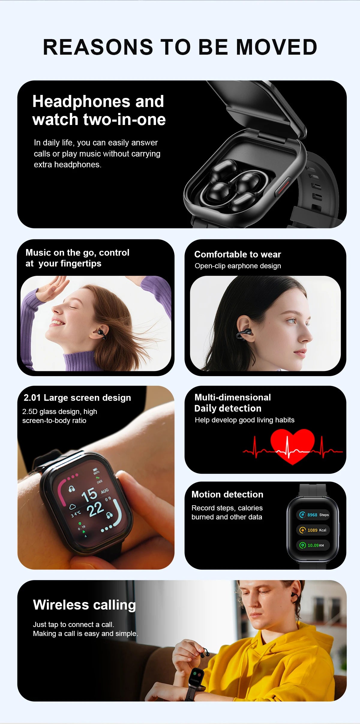 LIGE New Open-back Cip-on Headphones Smart Watch For Men Women 2.01” HD Screen Massive Watch Faces Bluetooth Call Smartwatches