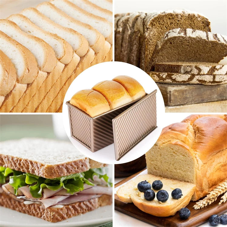 LMETJMA Pullman Loaf Pan with Lid 1 lb Non-Stick Bread Pan Carbon Steel Rectangle Corrugated Toast Box Mold Cake Mold JT157