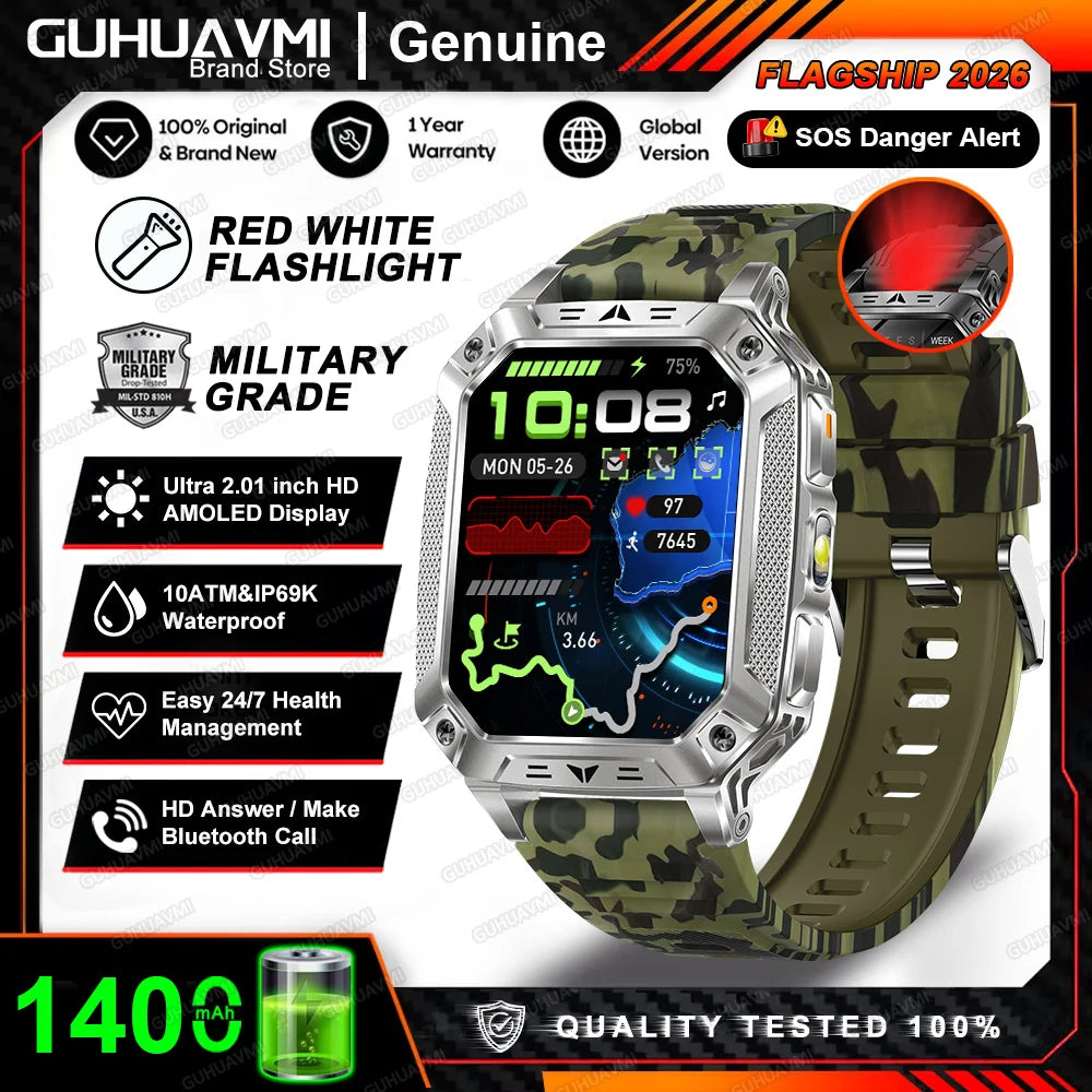 Montre connectée homme 2026 avec batterie ultra-large intégrée de 1400 mAh, GPS extérieur, écran AMOLED de 2,01", étanche 10 ATM, appel BT