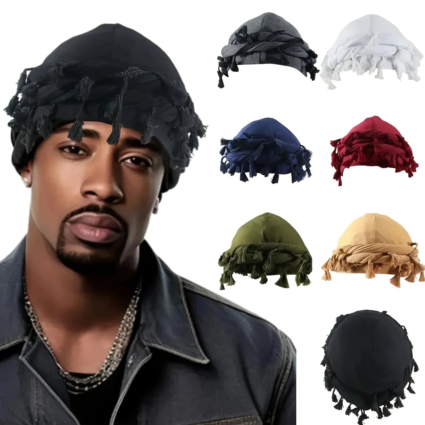 Foulards à enrouler style "Twist" (turban) Durag avec pompon pour hommes - Noir, gris - Foulard turban à nouer - Accessoire cheveux pour garçons, collection 2026