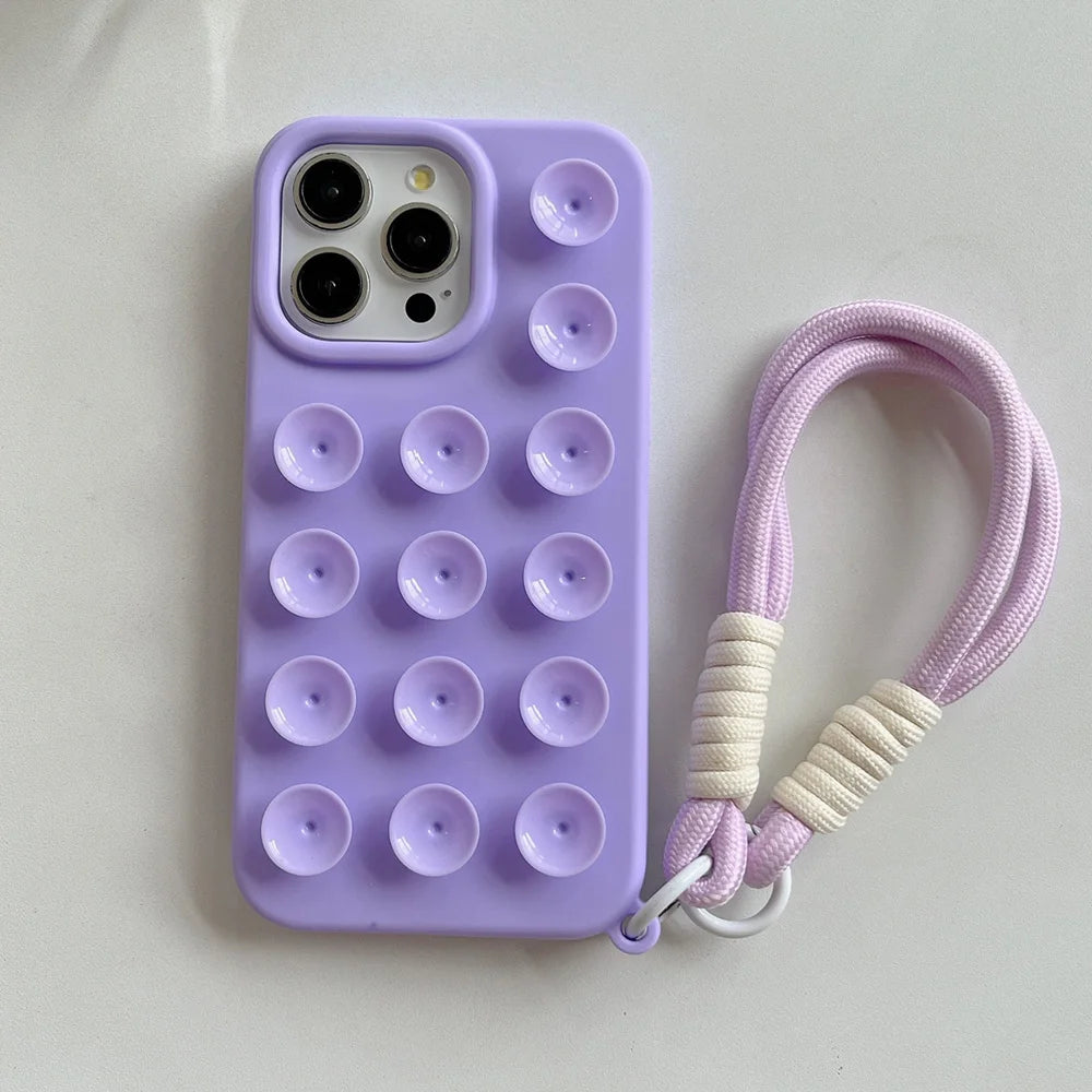 Suction Cup Phone Case For iPhone 16 Pro Max Case iPhone 17 13 11 12 14 15 Pro Max 14 Plus Wrist Strap Bracelet Lanyard Cover