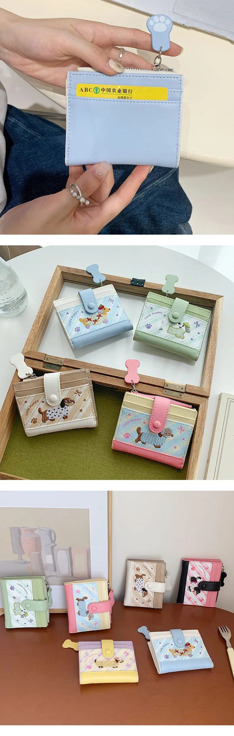 Lässiger koreanischer Stick-Stil Dackel Niedlicher kleiner Geldbeutel Cartoon-Kartenhalter mit mehreren Fächern kurze Clutch Münztasche