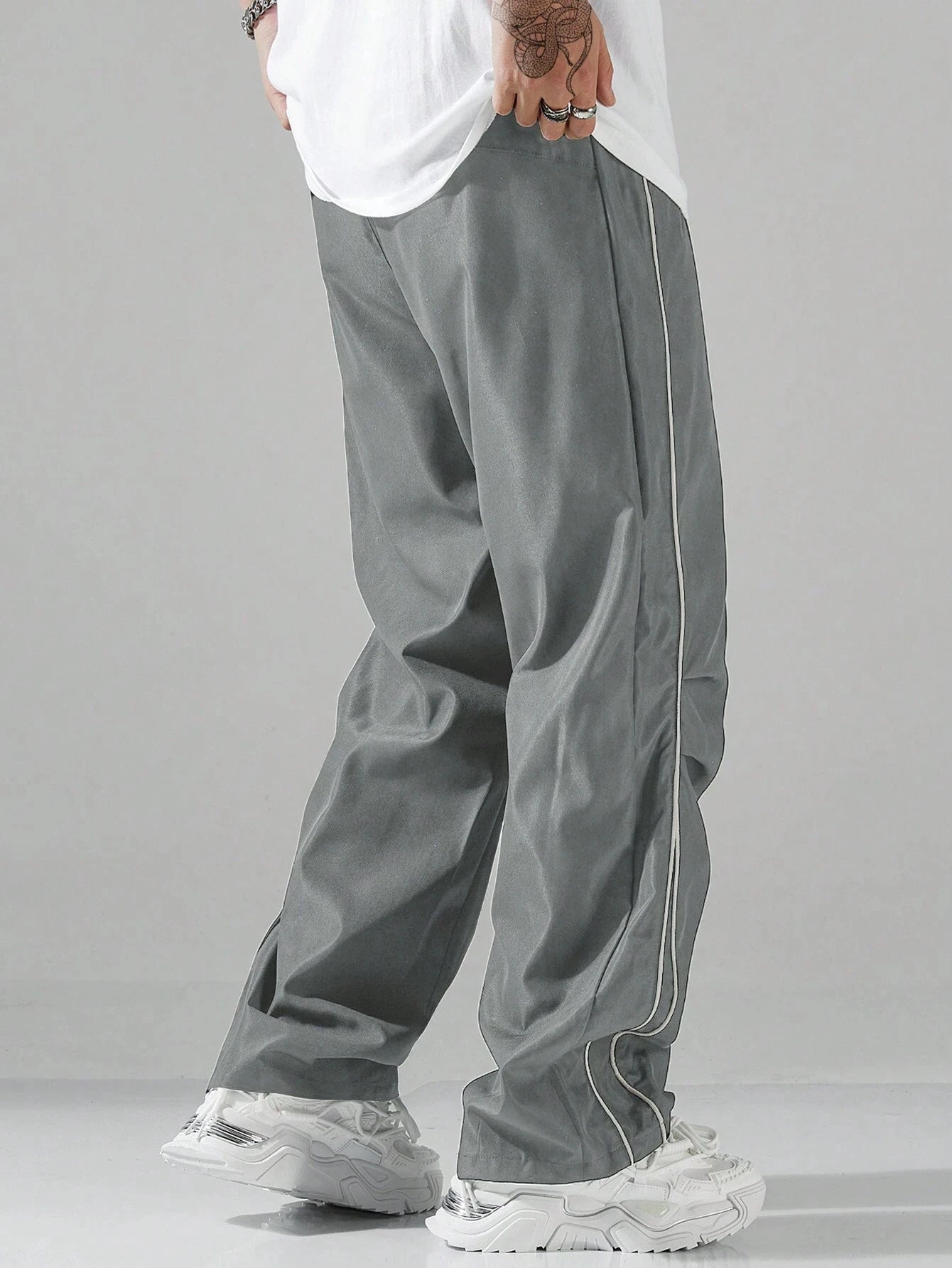 Larbulse Herren-Hosen mit Kontrastbesatz, modische Freizeithosen, einfarbig, atmungsaktiv, locker, gerades Bein, Kordelzug, Streetwear