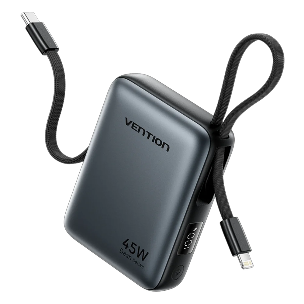 Vention 45W 10000mAh Powerbank mit integriertem USB-C- und Lightning-Kabel, tragbare Powerbank für iPhone 17 16 Samsung S26 S25 Xiaomi Poco