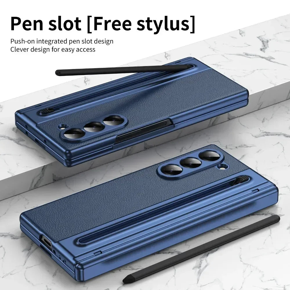 Leder mit Stahlfilm Stifthalter Handyhülle für Samsung Galaxy Z Fold 7 6 5 4 Fold7 Fold6 Scharnierschutz Stoßfeste Hülle