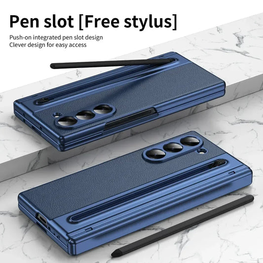 Leder mit Stahlfilm Stifthalter Handyhülle für Samsung Galaxy Z Fold 7 6 5 4 Fold7 Fold6 Scharnierschutz Stoßfeste Hülle