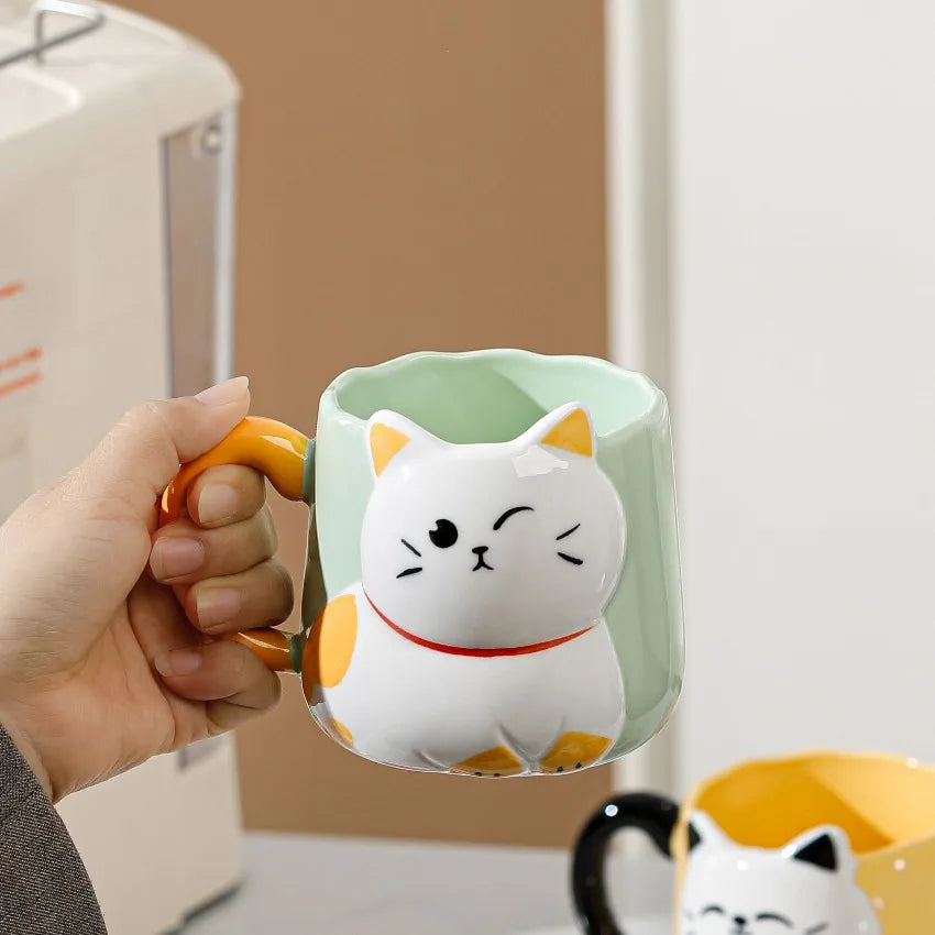JUSTINLAU Tasse en céramique mignonne avec couvercle et cuillère, motif chat de dessin animé en relief, style japonais, tasse à café émaillée, tasse à thé en céramique