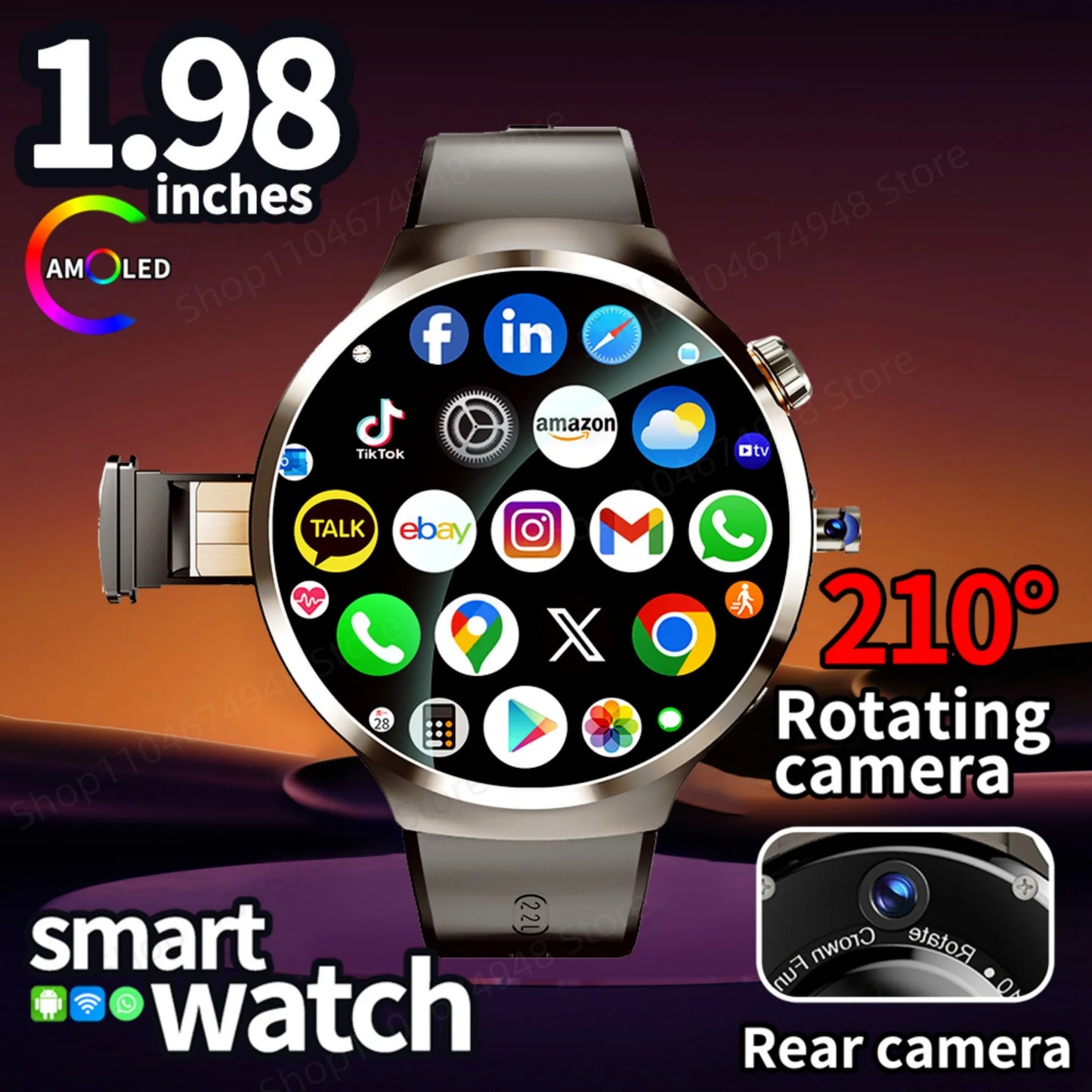 Montre intelligente 4G/5G Full Netcom 1,98 pouces Amoled avec caméra rotative à 210°, Android 13.0, double système GPS, batterie 1900 mAh