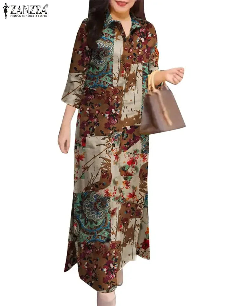 ZANZEA Robe longue à manches 3/4 pour femme, collection automne 2024, robe-chemise en coton avec col à revers, imprimé floral vintage, robe longue, nouveauté