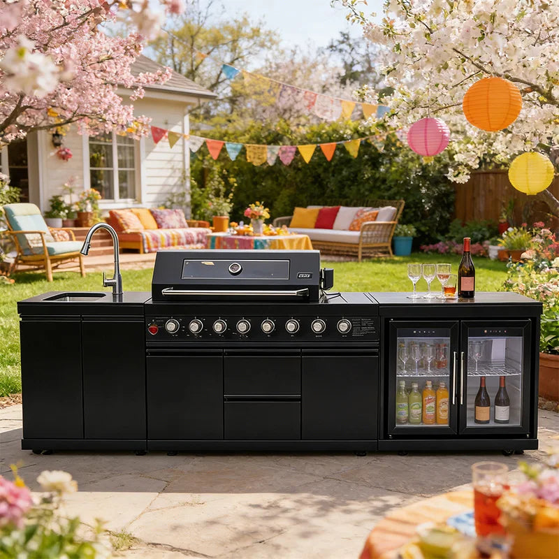 Cuisines d'extérieur modernes modulaires fonctionnelles en acier inoxydable avec grill, plaques de cuisson, évier, réfrigérateur et LED pour patio et jardin.