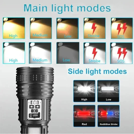 Super Big Flashlight USB wiederaufladbar stärkste LED Taschenlampe lange Reichweite Torch Zoom Outdoor mit digitaler Leistungsanzeige