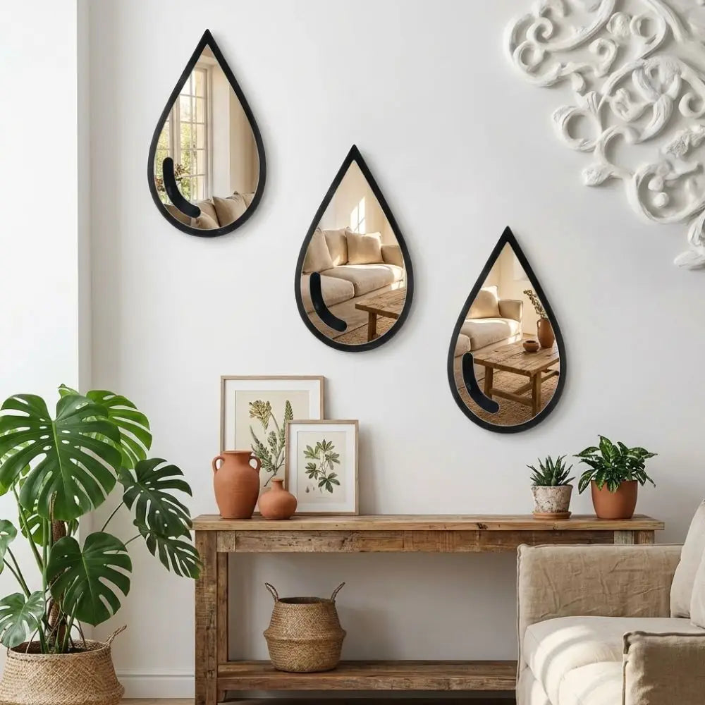 3 Pcs Autocollants Muraux Miroir Acrylique Autocollants Muraux Imperméables en Forme de Goutte d'Eau Miroir Cadre Noir Minimaliste