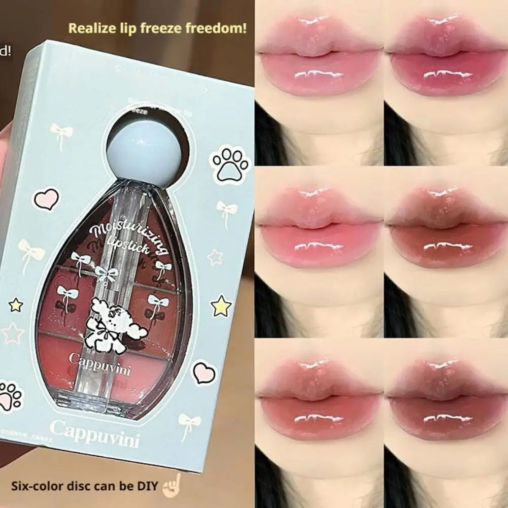 Sechs-Farben-Erdbeer-Spiegel-Gelee-Lippenstift-Palette Juicy Pink Solide Lipgloss-Set Feuchtigkeitsspendendes Lippenöl mit Silikonbürste