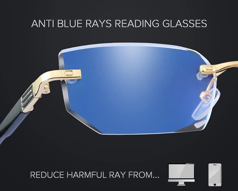 Lunettes de lecture anti-lumière bleue pour femmes, monture sans bords à découpe diamantée, pour hommes, anti-fatigue, hypermétropie, presbytie +1,5