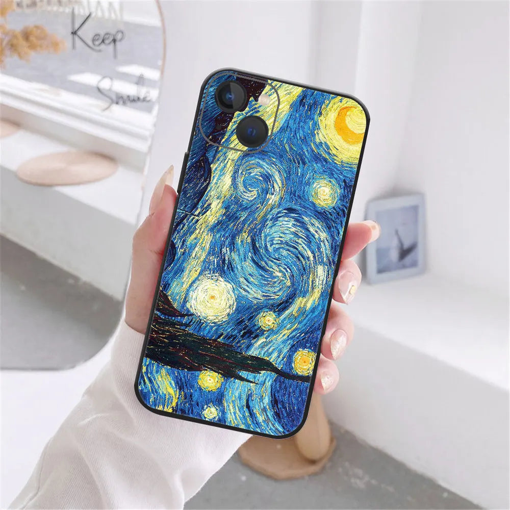 Art Van Gogh Sternenklare Sonnenblume Handyhülle für iPhone 11 12 13 14 15 16 17 Pro Max 17AIR 14 15 16 Plus Schwarze Weiche Silikonhülle