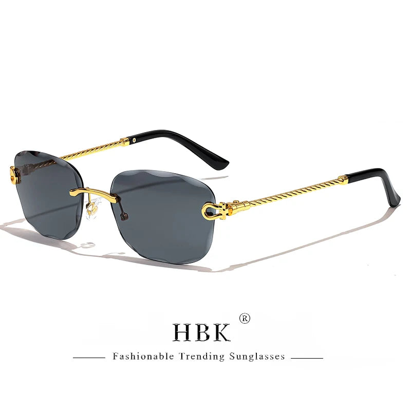 HBK Rahmenlose Metall Sonnenbrille Herren Wellenform geschnitten Sonnenbrille für Damen Reise Shopping Brille UV400 Sommer Stil