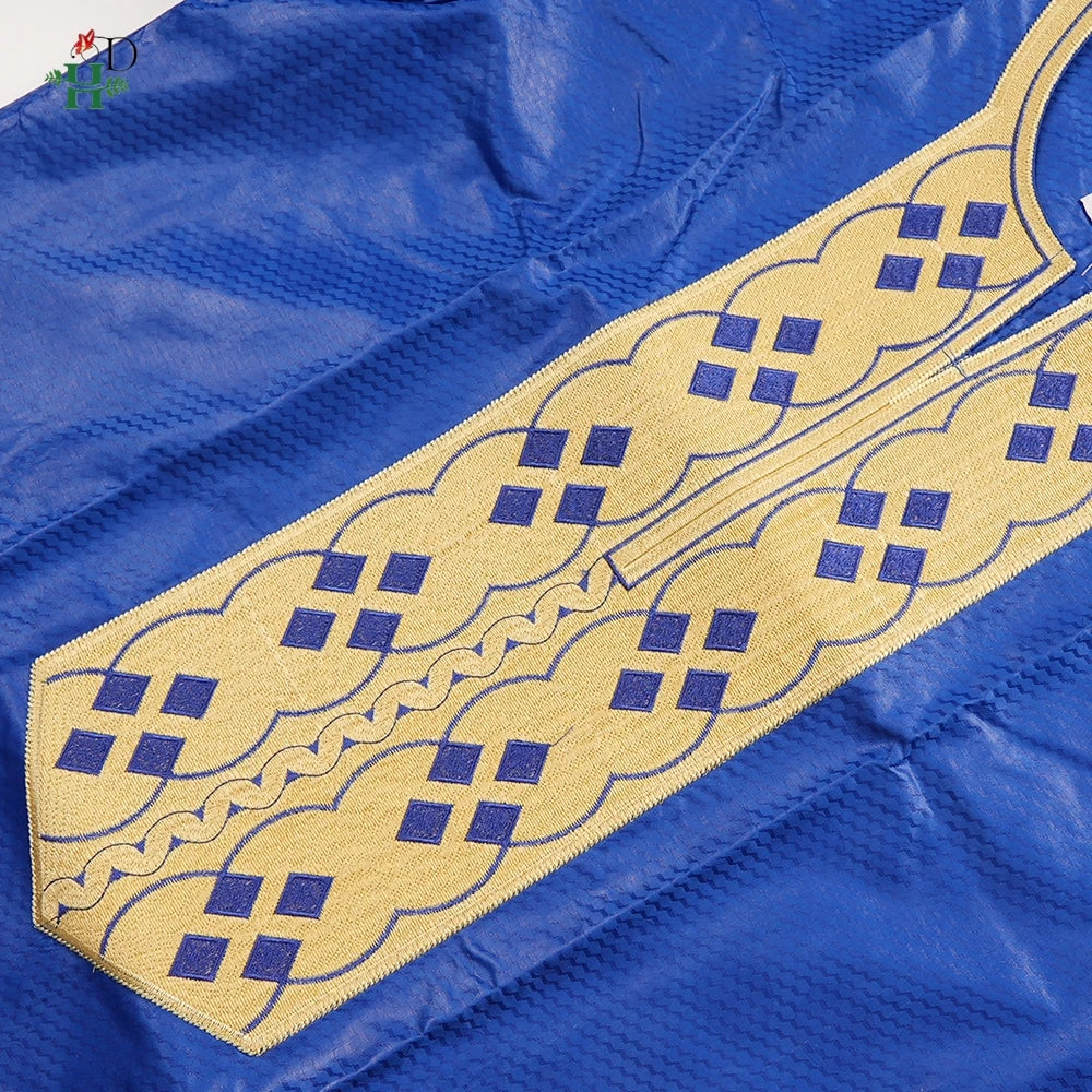 H&D Nouveaux Vêtements Africains pour Hommes Tradition Vêtements Broderie Bleu Ensemble 2 Pièces Haut Pantalon Bazin Musulman Mariage Fête Dashiki
