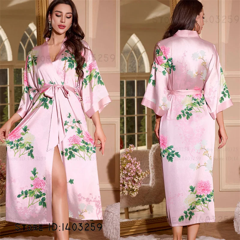 Großer Kimono Bademantel Blütenmuster Langer Morgenmantel Negligé Hauskleidung Frühling Sommer Neue Nachtwäsche Lose Pyjamas