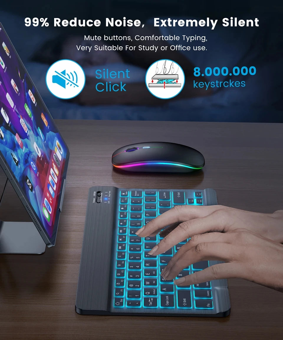 Mini RGB-Hintergrundbeleuchtungs-Tastatur 10 Zoll Bluetooth Kabellose Maus Wiederaufladbar für Spanisch Russisch Hebräisch Koreanisch Französisch Arabisch Portugiesisch