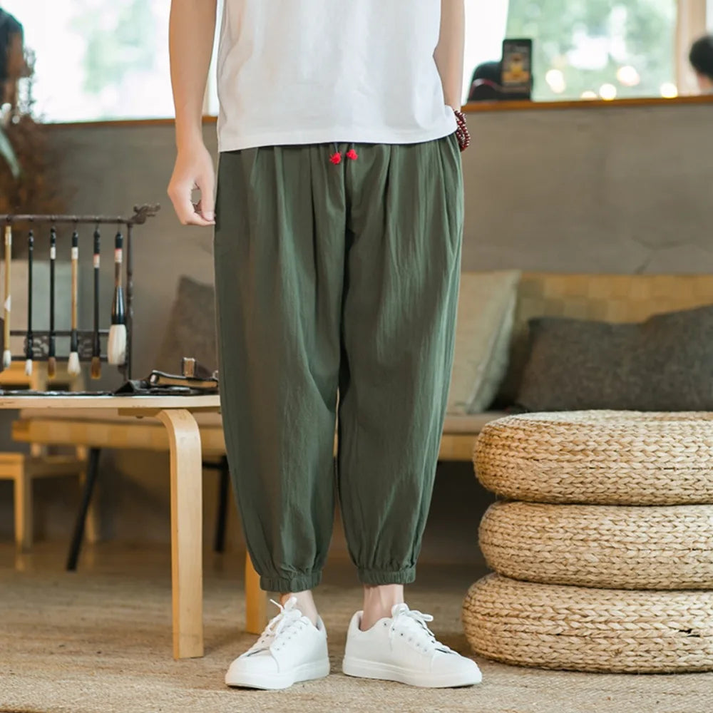 Pantalon Sarouel Homme Coton et Lin Décontracté Ample Grande Taille Pantalon de Plage Style Chinois Large Joggers Homme Été