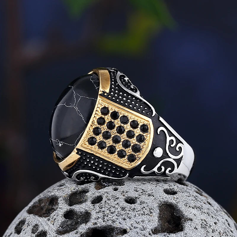 Dropshipping Vintage Gothic Stil Schwarzer Stein Ring 316L Edelstahl Geschnitzter Ring Herren und Damen Mode Biker Schmuck Geschenk
