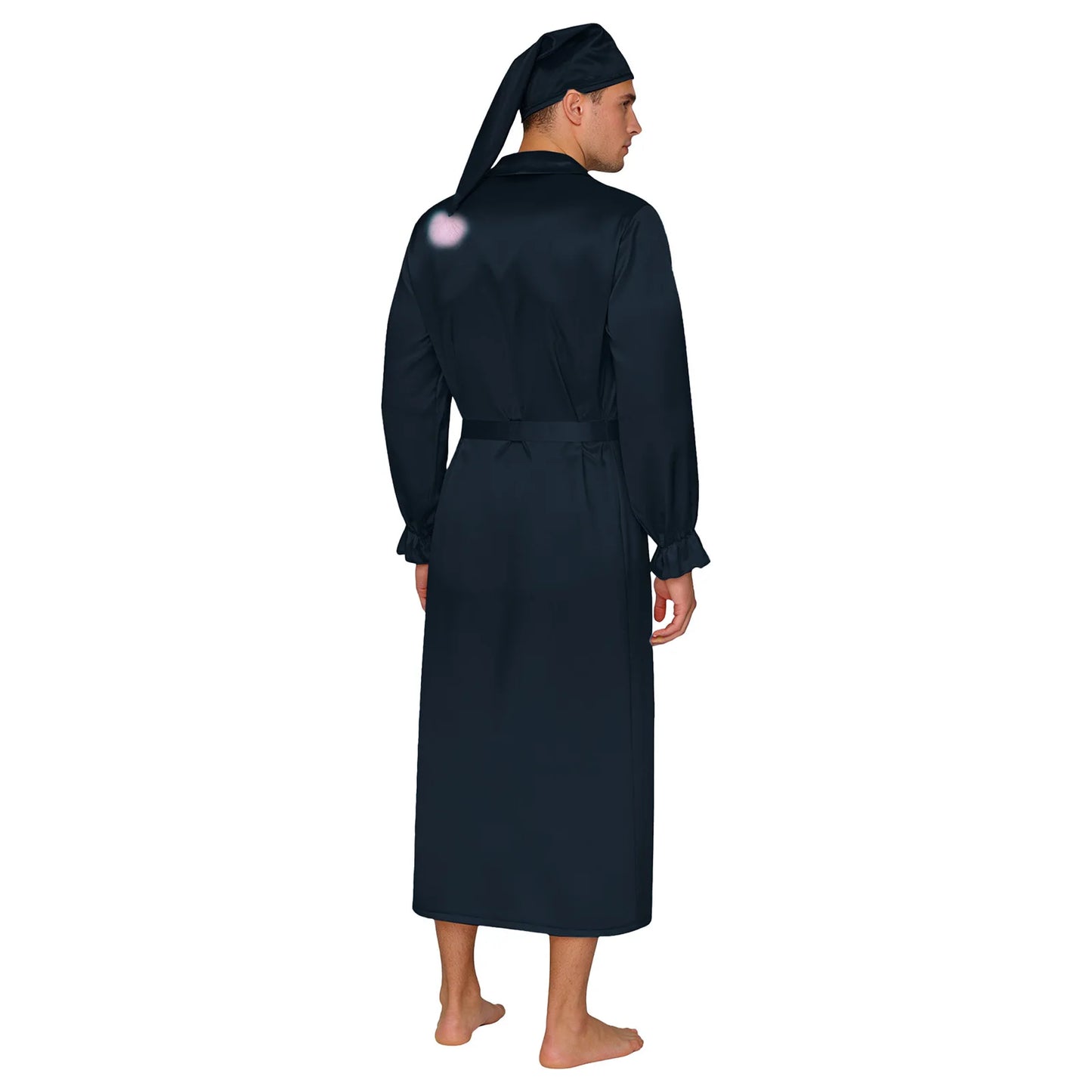 Herren Sissy Pyjama Satin-Nachtwäsche Nachthemd mit Schlafhaube Langarm Rüschenmanschetten Plissierter Brustumhang mit Gürtel Vintage
