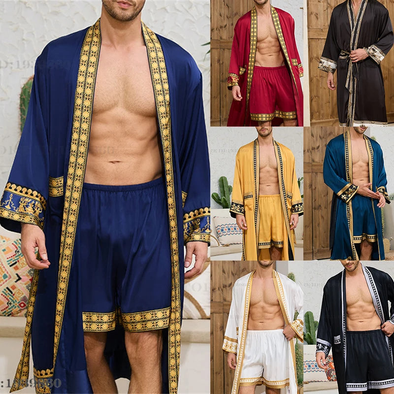 Frühling Sommer Neu Herren Schlafanzug 2-teiliges Roben-Shorts-Set Barockstil Seidensatin Kimono Bademantel Nachthemd Lose Homewear Loungewear