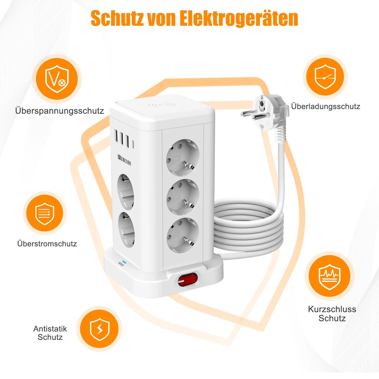 15-in-1 intelligente Steckdosenleiste kabelloses Schnellladen 3680W 3USB-A und 1USB-C 2 Meter Verlängerungskabel Hauptschalter