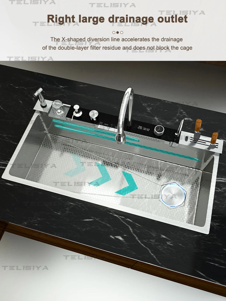 Stainless Steel Kitchen Sink Multifunctional Digital Display Waterfall Large Single Slot With Rack For Knife Wash Dish Basin